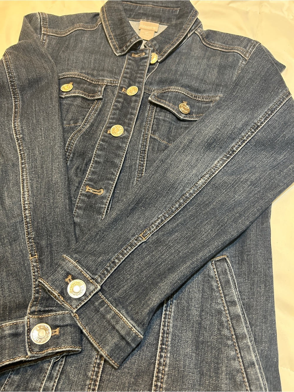 Chicos Women's long Denim Jacket - Dark Blue. Size 0P